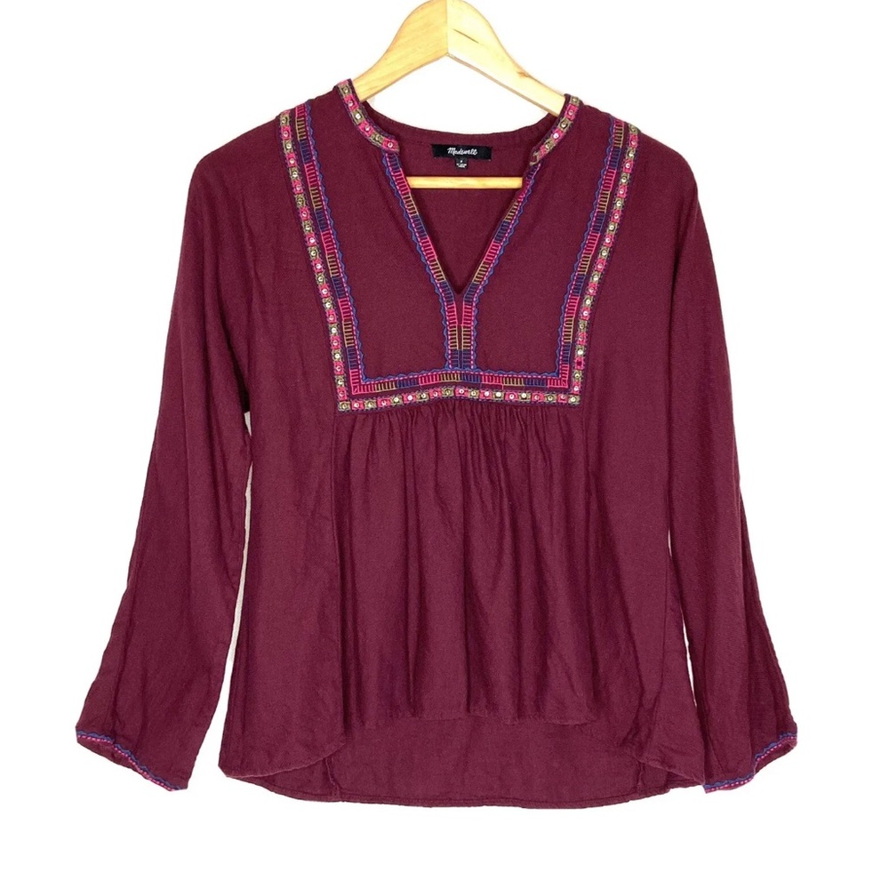 Madewell Womens Top Boho Burgundy Red Embroidered Bohème Wool peasant Blouse